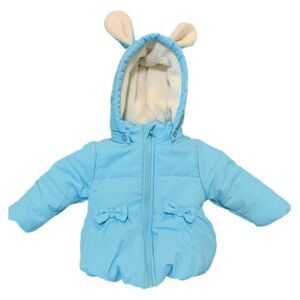 Babyhug Puffer Jacket Coat Baby 9-12 Mo. Pretty Shade of Blue Bows Faux Fur.